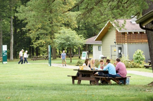 A group of people enjoying a picnic at a park, with a cabin and walking paths in the background.