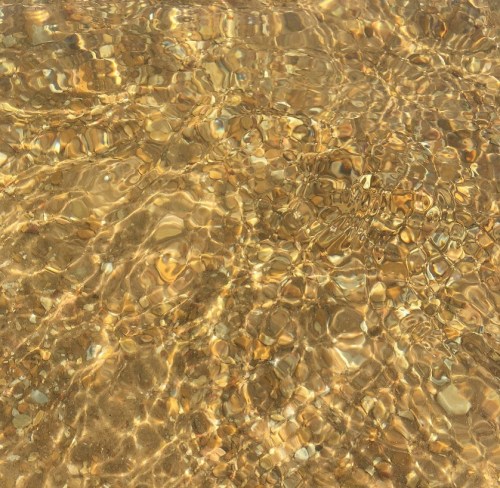 Clear water with gentle ripples, revealing a sandy bottom and small pebbles beneath the surface.