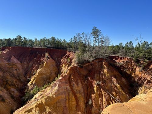 A colorful canyon with steep, layered rock formations and sparse trees under a clear blue sky.
