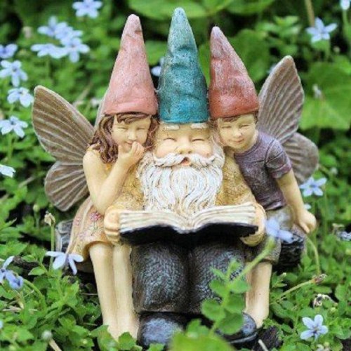 A whimsical garden gnome reading a book, flanked by two fairy children, surrounded by blue flowers.