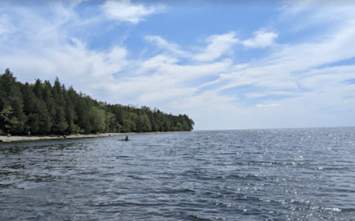 A serene lakeside view with calm water, lush green trees, and a blue sky dotted with clouds.