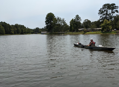 A person in a kayak paddles on a calm lake surrounded by trees and a small dock in the background.