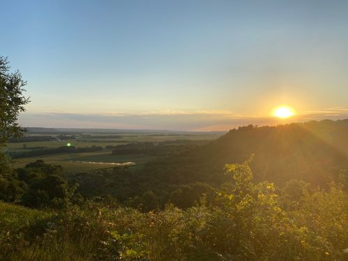 A sunset over rolling hills and a valley, with lush greenery in the foreground and a serene sky.