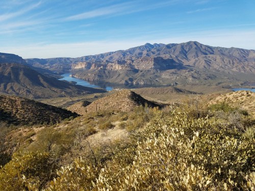 A panoramic view of mountains and a lake, with dry vegetation in the foreground under a clear blue sky.