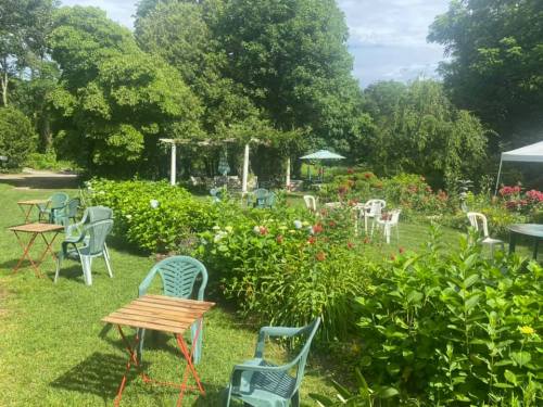 A lush garden with green foliage, colorful flowers, and scattered chairs and tables under a clear sky.