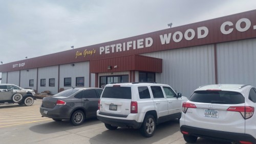 Exterior of a building labeled "You Greg's Petrified Wood Co." with parked cars in front.