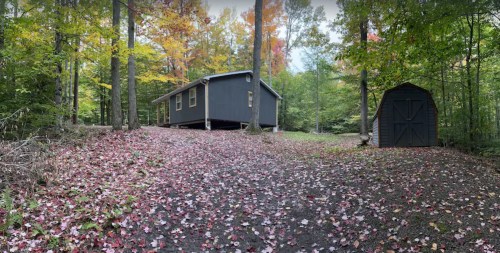 A cozy cabin surrounded by colorful autumn foliage and a small shed, with a path covered in fallen leaves.