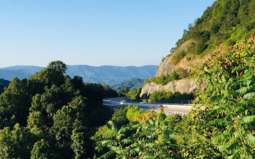 A winding road curves through lush green hills under a clear blue sky, with mountains in the background.