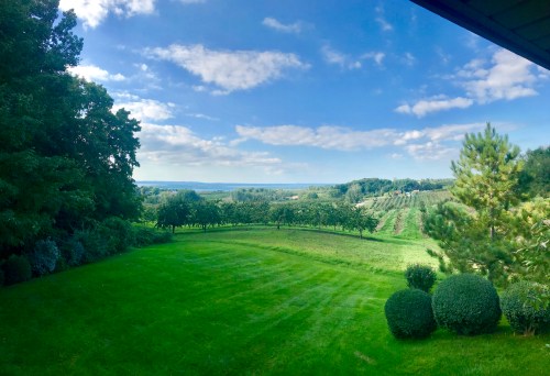 A panoramic view of a lush green landscape with trees and rolling hills under a partly cloudy sky.