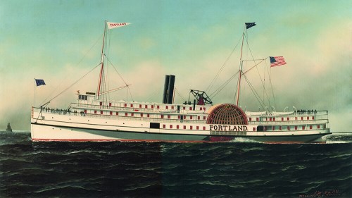 A historic steamship named "Portland" sails on calm waters, featuring flags and a prominent paddlewheel.