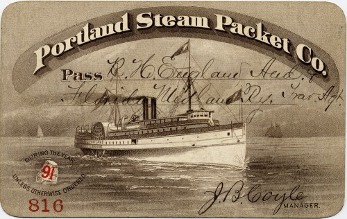Vintage pass for the Portland Steam Packet Co., featuring an illustration of a steamship and handwritten details.