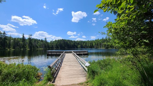 A wooden dock extends into a calm lake, surrounded by lush greenery and blue skies with fluffy clouds.