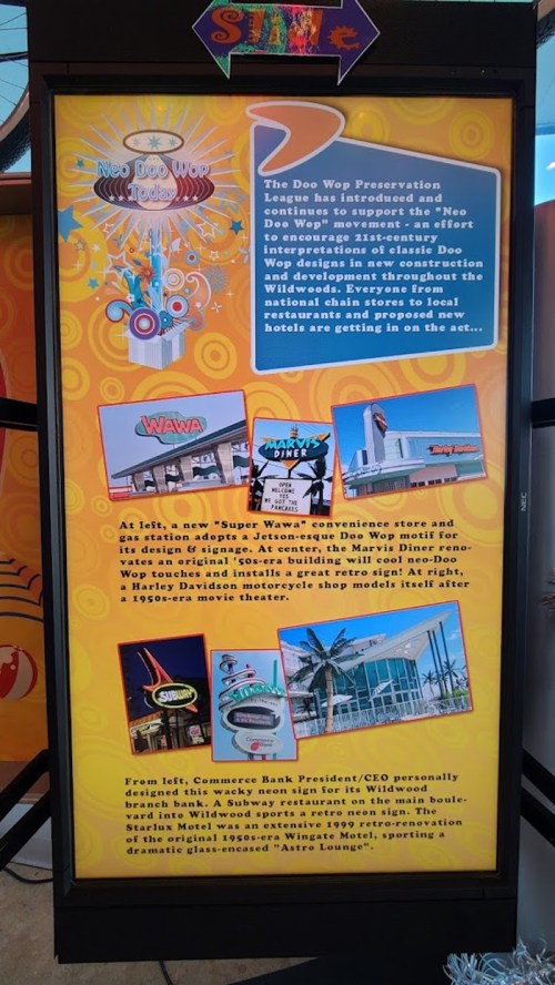 Sign promoting the Doo Wop Preservation League, featuring images of local businesses and a message about preserving retro designs.