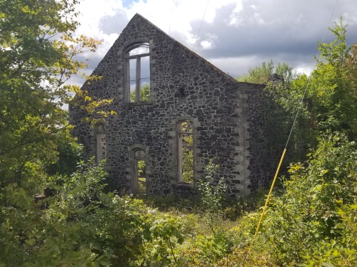 Abandoned stone building surrounded by overgrown vegetation under a cloudy sky.