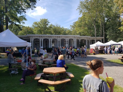 A bustling outdoor market scene with people walking, tents set up, and a historic building in the background.