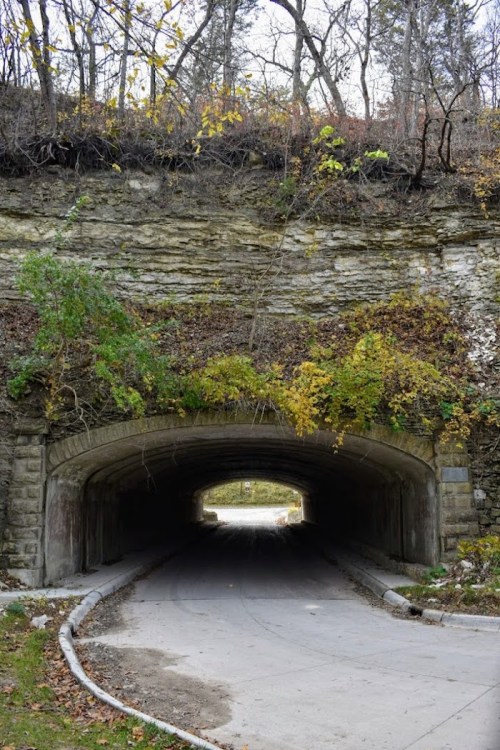 A stone archway tunnel surrounded by trees and greenery, leading to a road in a natural setting.