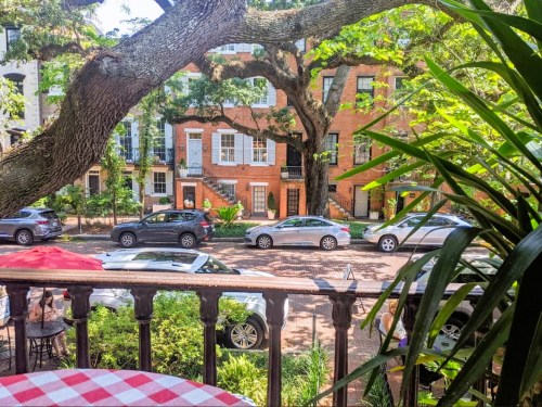 View from a balcony with a checkered tablecloth, overlooking a tree-lined street with parked cars and historic buildings.