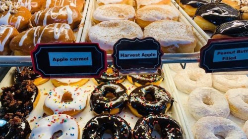 A display of assorted donuts, including apple caramel, harvest apple, and peanut butter filled, with colorful sprinkles.