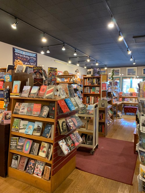 A cozy bookstore interior with wooden shelves filled with books, warm lighting, and a welcoming atmosphere.