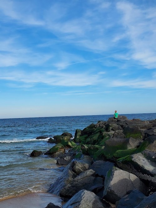 A person stands on rocky shore, gazing at the ocean under a blue sky with scattered clouds.