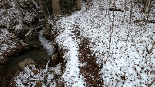 A snowy trail beside a stream, surrounded by trees in a serene winter landscape.