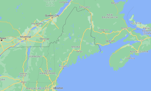 Map showing the northeastern United States, highlighting Maine and surrounding regions, including parts of Canada.