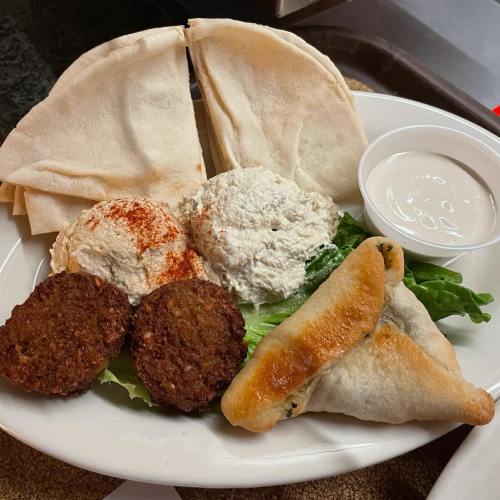 A plate with pita bread, two dips, falafel, and a stuffed pastry on a bed of lettuce.