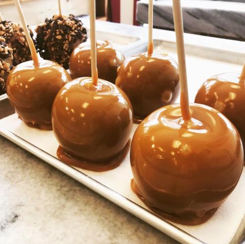 A tray of shiny caramel apples on sticks, some with toppings, ready to be enjoyed.