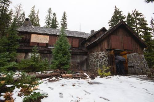 An abandoned cabin surrounded by snow and trees, with boarded windows and a stone foundation.