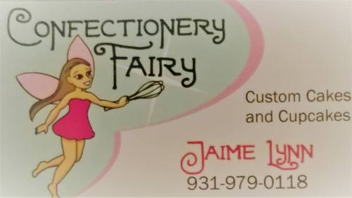 A whimsical business card featuring a fairy with a whisk, promoting custom cakes and cupcakes by Jaime Lynn.
