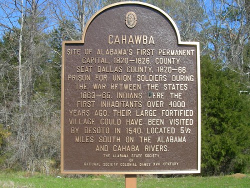 Sign marking the site of Cahawba, Alabama's first permanent capital, detailing its historical significance.