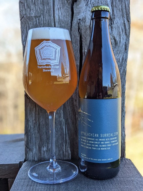 A glass of golden beer next to a bottle labeled "Appalachian Surrealism" from Turtleback Ridge Brewery.