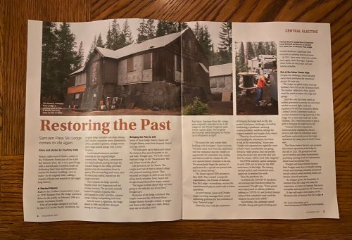 A magazine spread titled "Restoring the Past," featuring an article about the Santiam Pass Ski Lodge restoration.