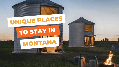 Two unique, modern grain silo accommodations in Montana, with a fire pit and scenic landscape at dusk.