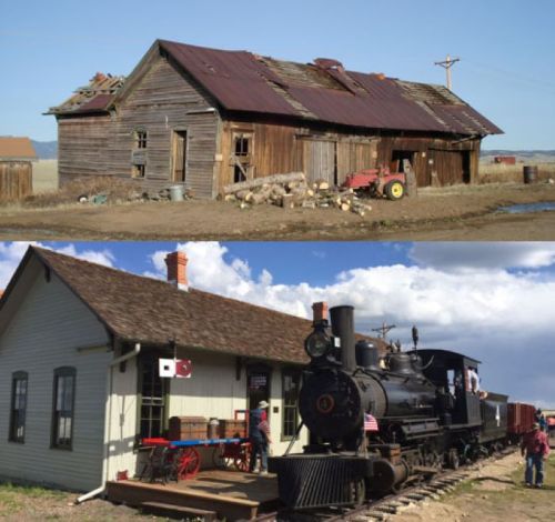 A weathered barn and an old train station with a steam locomotive, set against a blue sky with clouds.