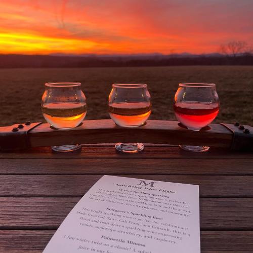 Three glasses of colorful drinks sit on a wooden table, with a sunset and mountains in the background.