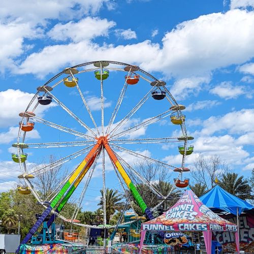 A colorful Ferris wheel against a blue sky with fluffy clouds, surrounded by palm trees and a funnel cake stand.