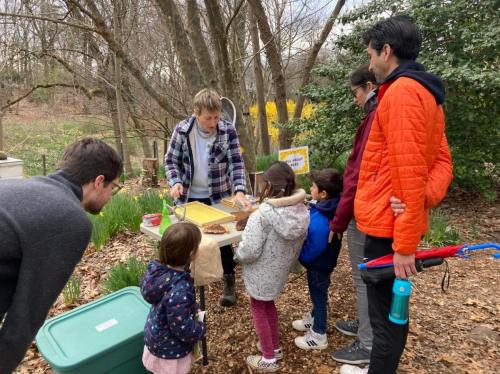 A group of adults and children gather around a table outdoors, observing a demonstration in a garden setting.