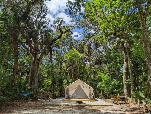 A spacious tent set in a lush, green forest with tall trees and a hammock nearby, under a partly cloudy sky.