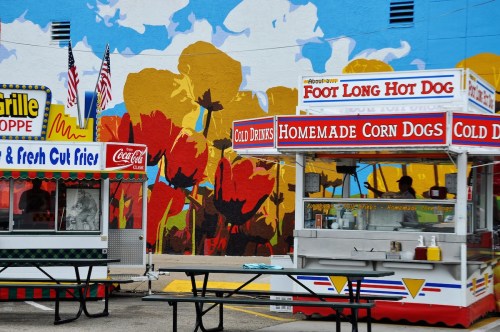 Two colorful food stalls with flags, serving hot dogs and corn dogs, in front of a vibrant mural of flowers.