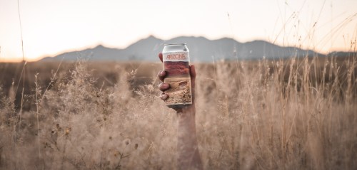 A hand holds a can of Arizona beer against a backdrop of mountains and tall grass at sunset.