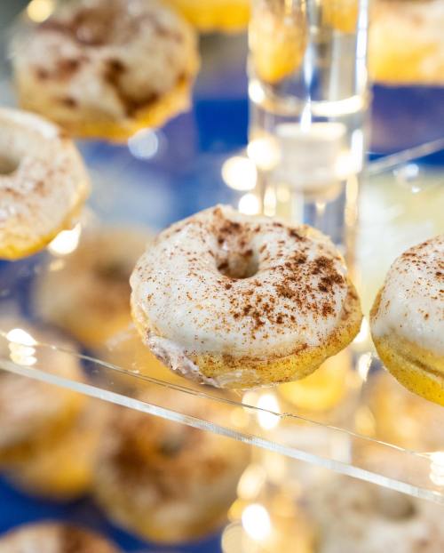 A close-up of a donut topped with white icing and sprinkled with cinnamon, displayed on a clear stand with lights.