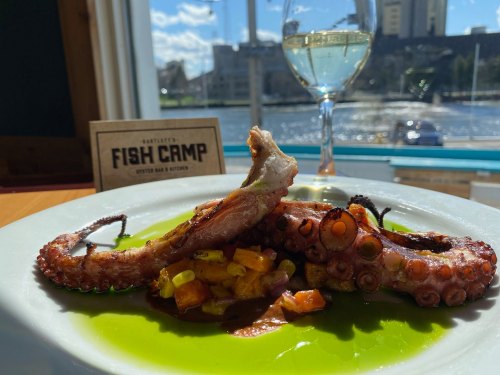 Grilled octopus on a plate with vibrant green sauce and diced vegetables, with a glass of white wine in the background.