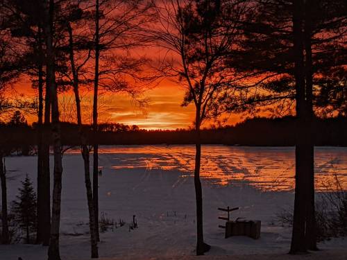 A vibrant sunset over a snowy lake, framed by silhouetted trees, creating a serene winter landscape.