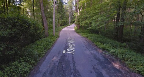 A winding road named Tower Road surrounded by lush green trees and foliage.