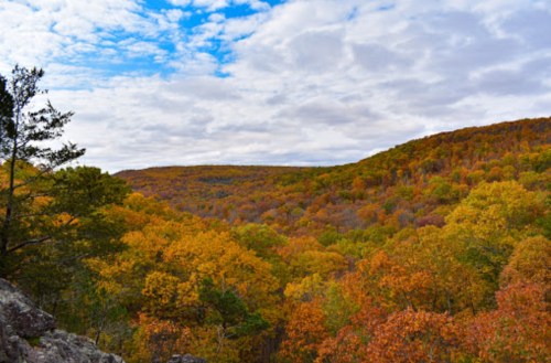 A scenic view of rolling hills covered in vibrant autumn foliage under a partly cloudy sky.