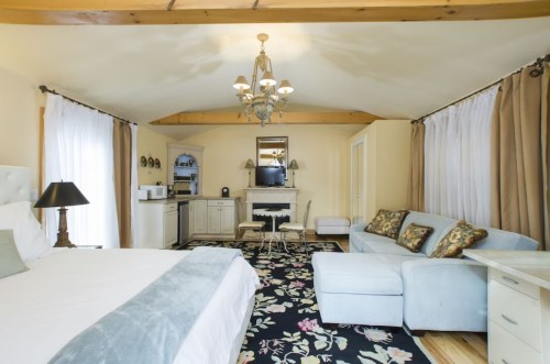 Cozy room with a bed, sofa, and kitchenette, featuring light colors and floral decor.