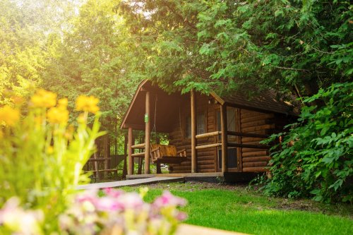 A cozy wooden cabin surrounded by lush greenery and colorful flowers in the foreground.