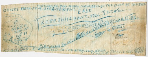 Hand-drawn map with notes, showing directions and locations related to Portland, Oregon, dated February 1862.