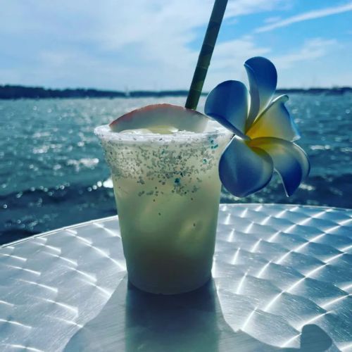 A refreshing cocktail with a flower garnish on a table by the water, with a scenic view in the background.